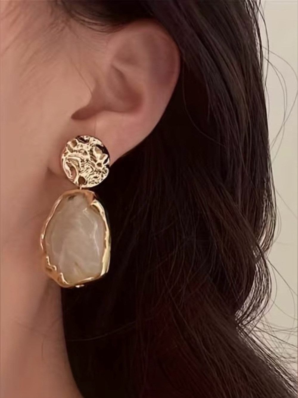 Gold-Tone Drop Earrings with Cream Sculpted Stone - Women Jewelry